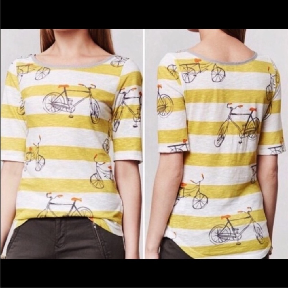 Anthropologie Yellow and White Bicycle Print Tee